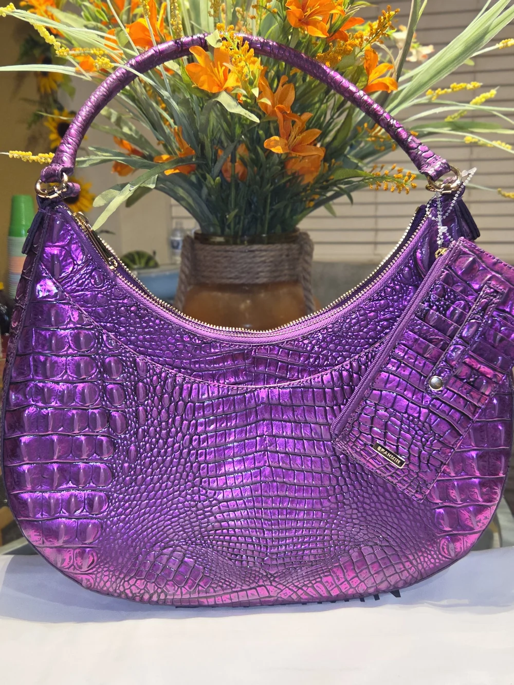 Brahmin Purple Croc-Embossed Large Hobo Bag With Credit Card Holder With Zipper